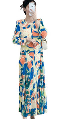 2025 Fall Winter Pleated Printed Dress – Slim Fit, Elegant High-End Style for Women