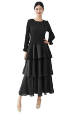 Pleats Please Long-Sleeve A-Line Dress – Elegant Layered Cake Pleated Maxi