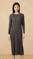 2025 Fall Winter Pleated Long Sleeve Dress – Slim Fit, Elegant Maxi Style for Women
