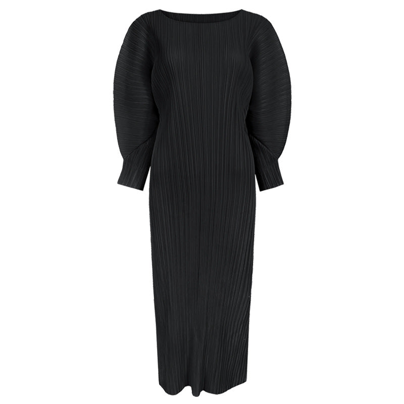 Pleated Casual A-Line Midi Dress – Slim Long Sleeve Women’s Style