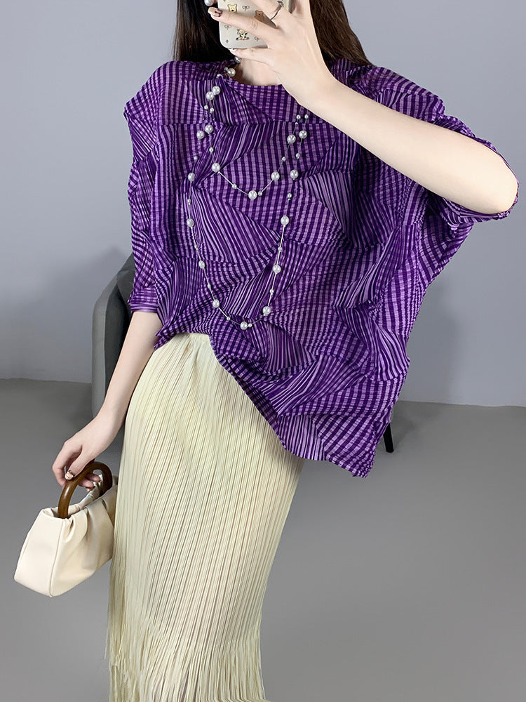 2025 Fall Winter Pleated Irregular Top – Loose Fit, 3/4 Sleeve Casual Slimming T-Shirt for Women