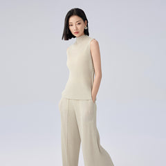 2025 Summer Pleated Two-Piece Set – Sleeveless Top & Wide-Leg Pants, Solid Color Casual Chic