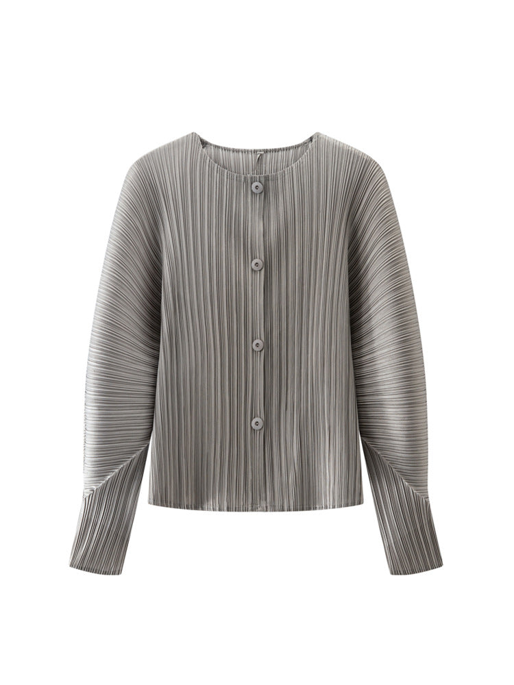 Women’s Spring Pleated Cardigan – Solid Color Round Neck Short Jacket