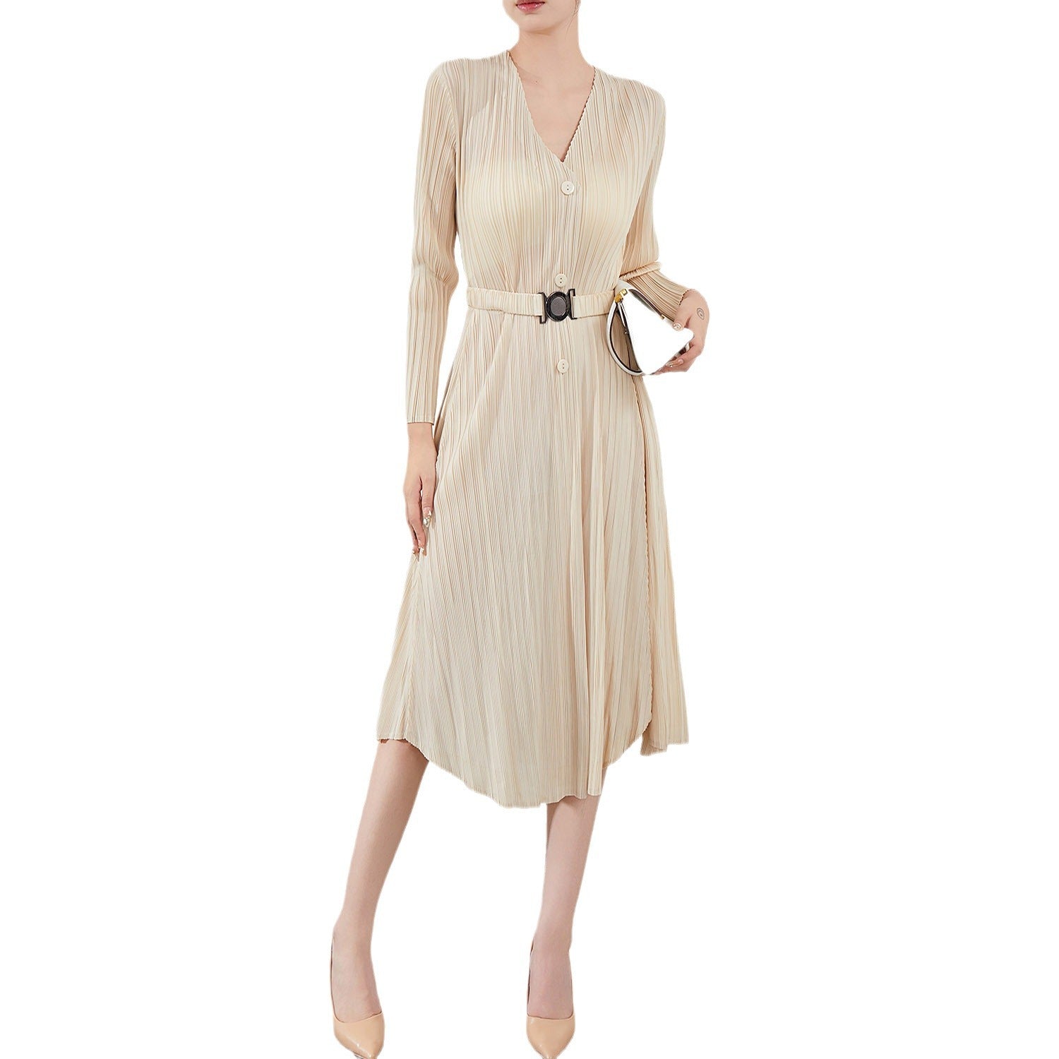 Pleated V-Neck Long Sleeve Maxi Dress – Elegant Women’s Outfit