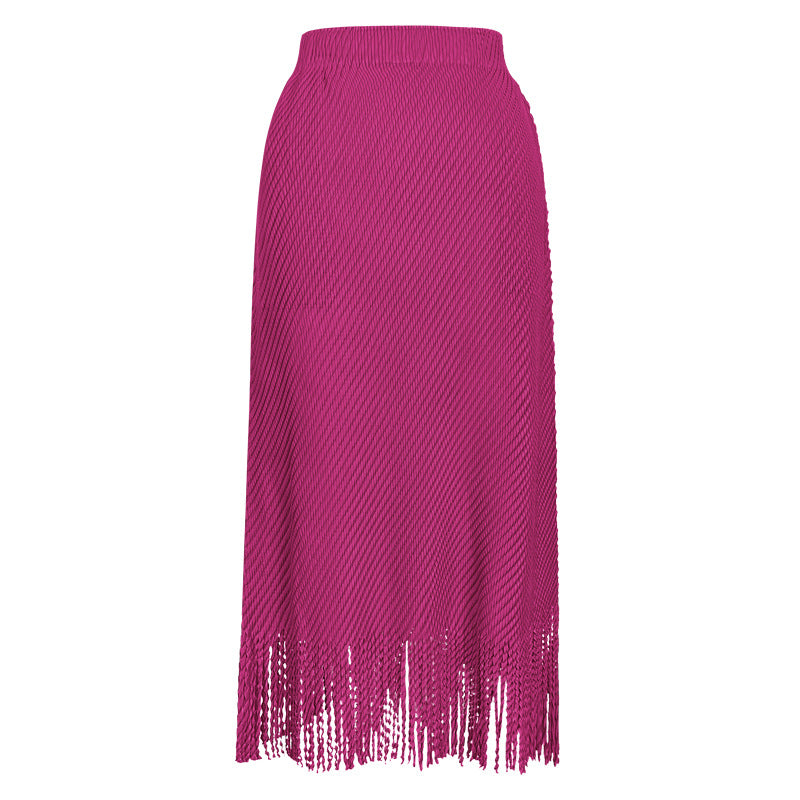 Pleated Fish Scale Fringe Skirt – High Waist A-Line Mid-Length Style