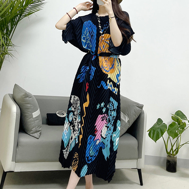 2025 Fall Winter Pleated Printed Maxi Dress – V-Fold Design, Elegant Casual Style for Women