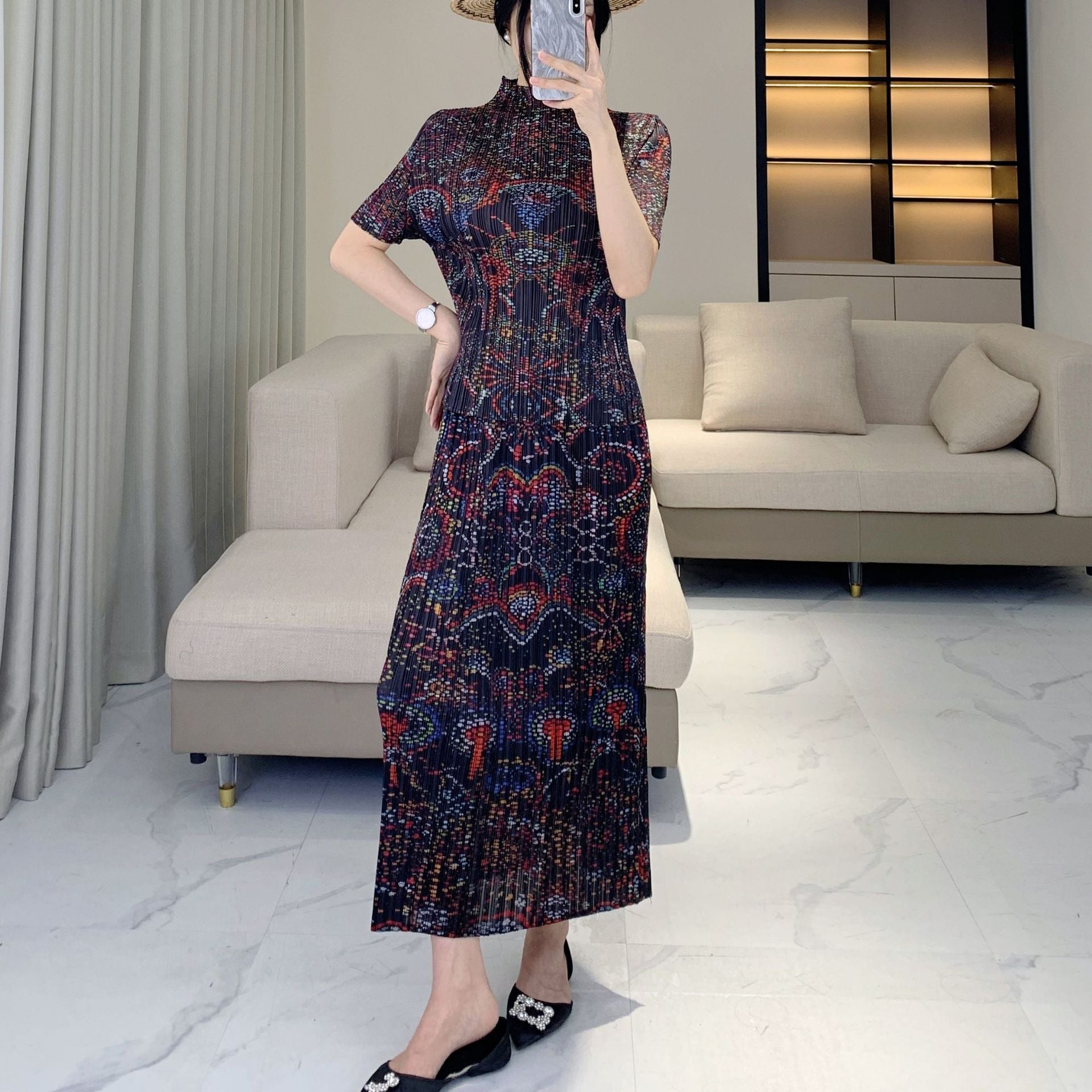 Issey Miyake Pleats Please Style 復古印花修身兩件套