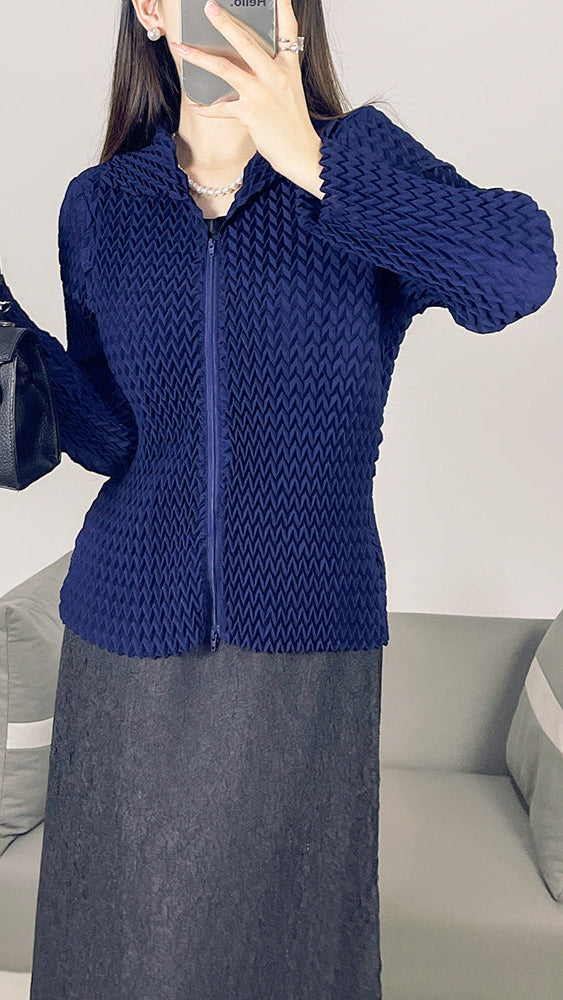 2025 Fall Winter High-End Pleated Wavy Jacket – Solid Color Lapel, Long Sleeve Zipper Cardigan for Women