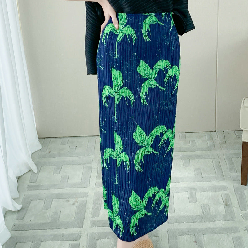 Women’s Printed Pleated Maxi Skirt – High-Waist Slimming A-Line Long Skirt