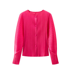Women’s Spring Pleated Cardigan – Solid Color Round Neck Short Jacket