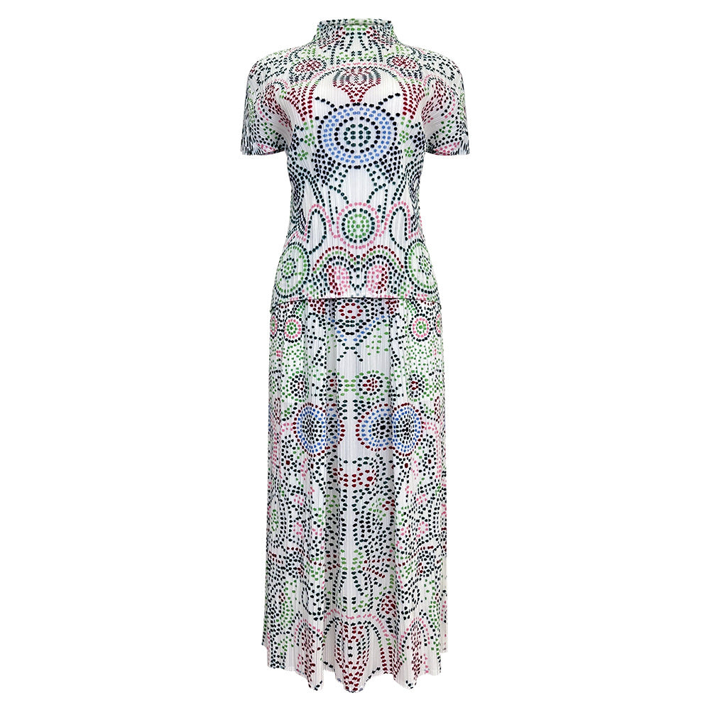Boho Two-Piece Set – Printed Short Sleeve Top and Loose Skirt