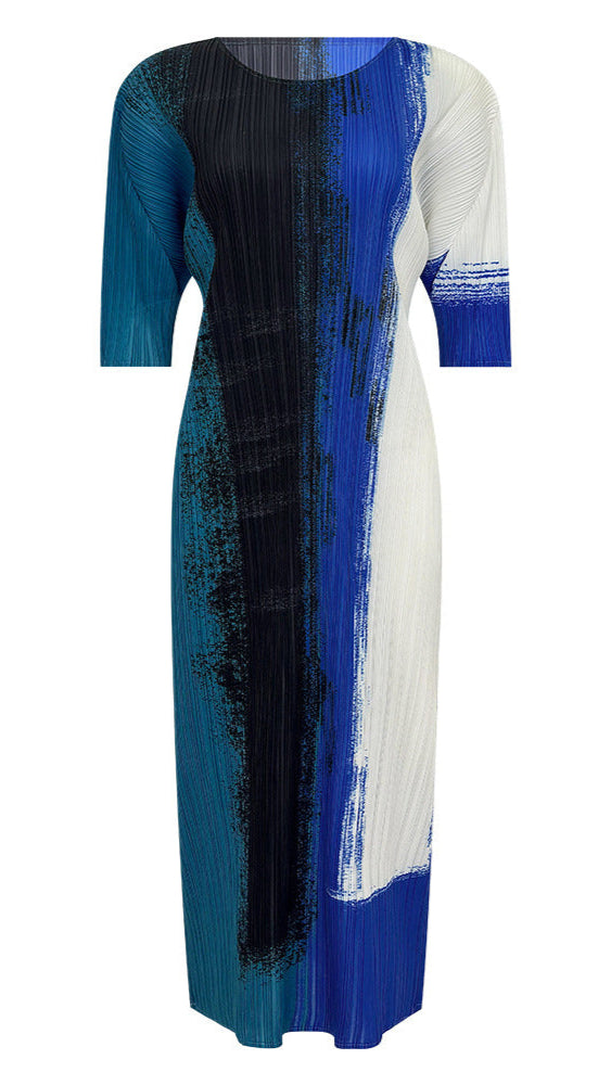Pleats Color-Block Printed Maxi Dress – Casual Short-Sleeve Slim Fit for Women