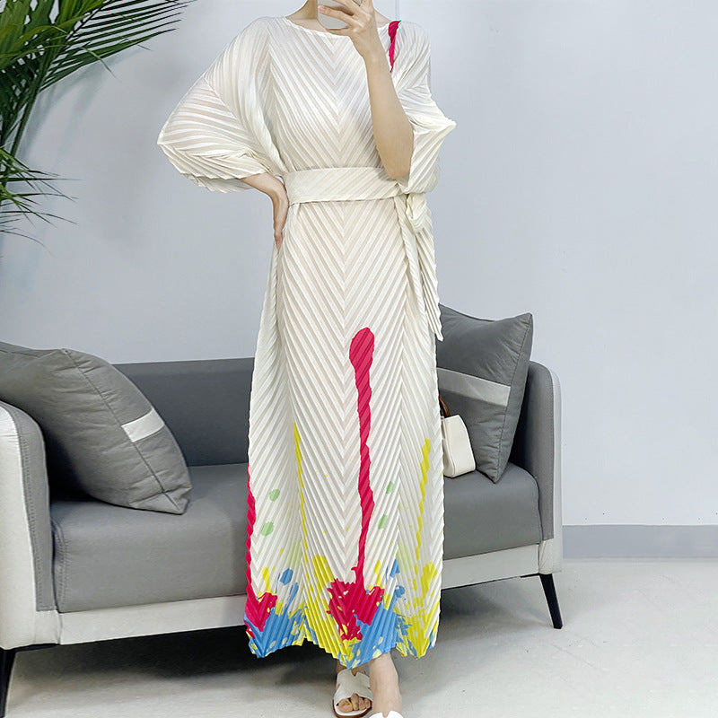 2025 Fall Winter Pleated Printed Maxi Dress – V-Fold Design, Elegant Casual Style for Women