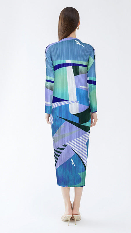 Pleated Printed A-Line Midi Dress – Slim Long Sleeve Women’s Style