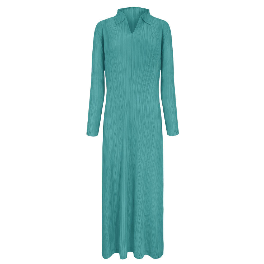 Pleated Polo Collar Dress – Long Sleeve A-Line Casual Style