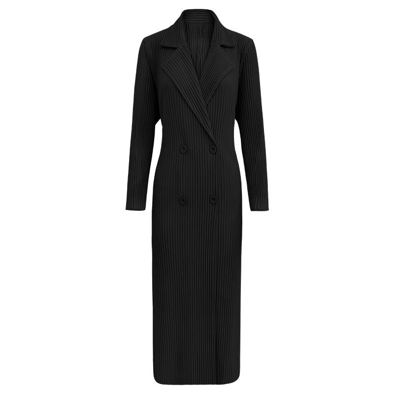Pleated Double-Breasted Coat – Slim Suit Collar Long Sleeve Outerwear