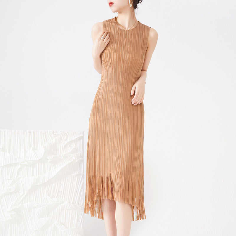PleatsArt Sleeveless Pleated Fringe Dress – Elegant Summer Versatile Long Skirt