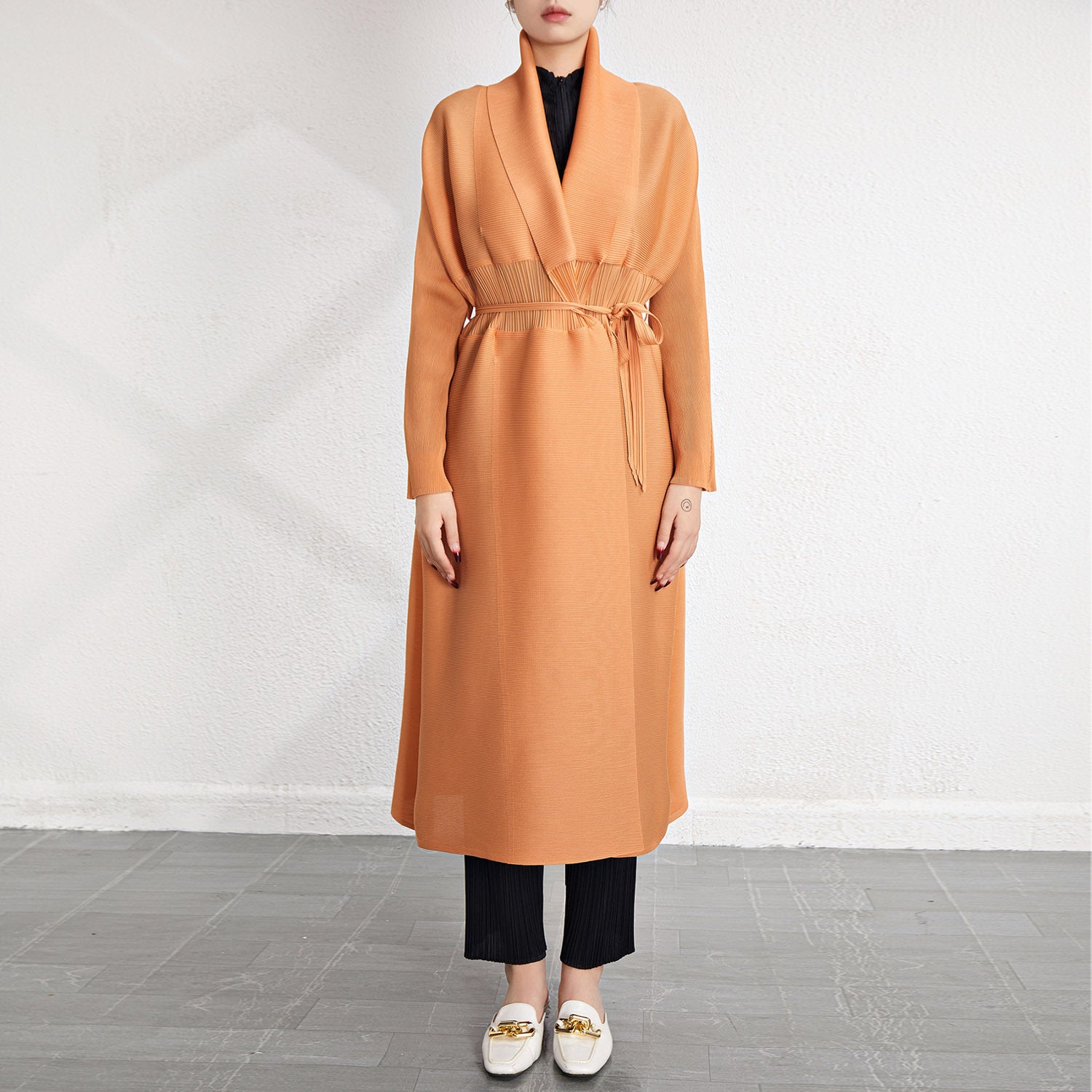 Pleated Midi Shawl Cardigan Coat – Elegant Lightweight Layer for Women