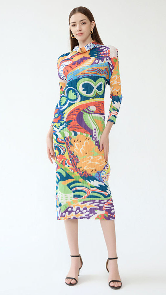 2025 New Spring Pleated Long Sleeve Casual Style Midi Skirt with Graffiti Colorful Slim Hooded Dress
