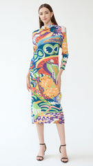 2025 New Spring Pleated Long Sleeve Casual Style Midi Skirt with Graffiti Colorful Slim Hooded Dress
