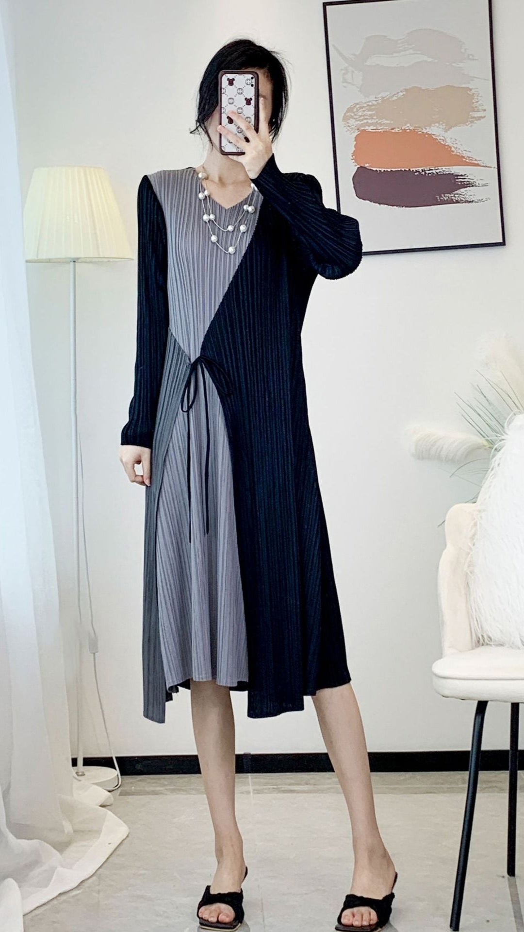 Women’s Spring Pleated Midi Dress – French Splicing Design, Feminine Slim Fit Style