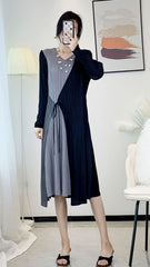 Women’s Spring Pleated Midi Dress – French Splicing Design, Feminine Slim Fit Style