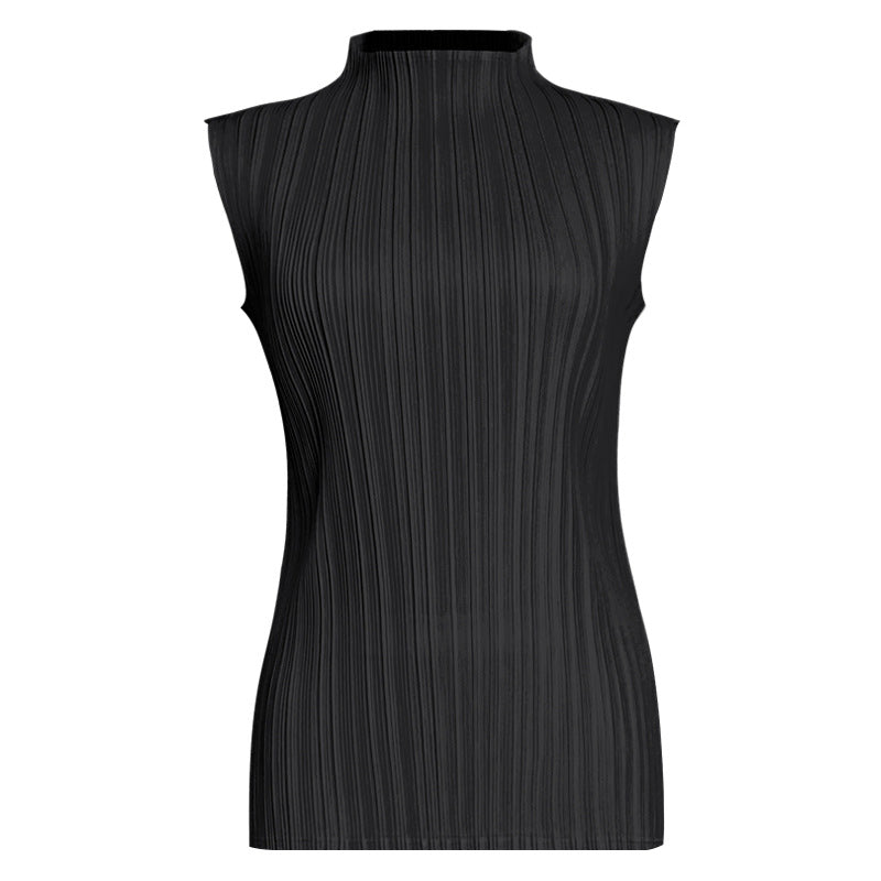 Pleats Summer Slim Sleeveless High-Neck Pleated Vest – Elegant Basic Top
