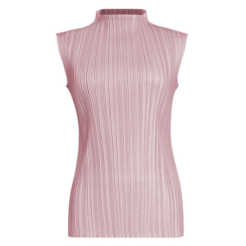 Pleats Summer Slim Sleeveless High-Neck Pleated Vest – Elegant Basic Top