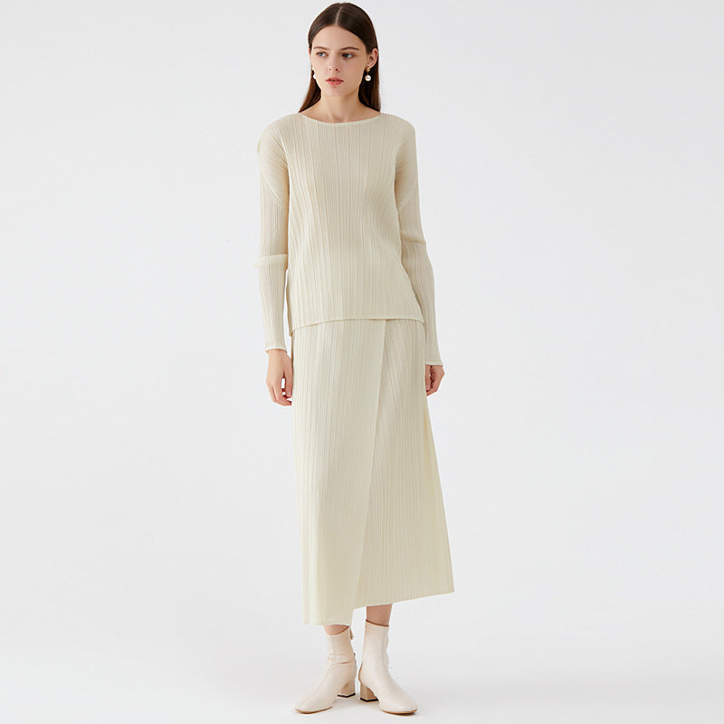 Pleated Skirt Suit – Korean Style Long Sleeve Top and Skirt Set
