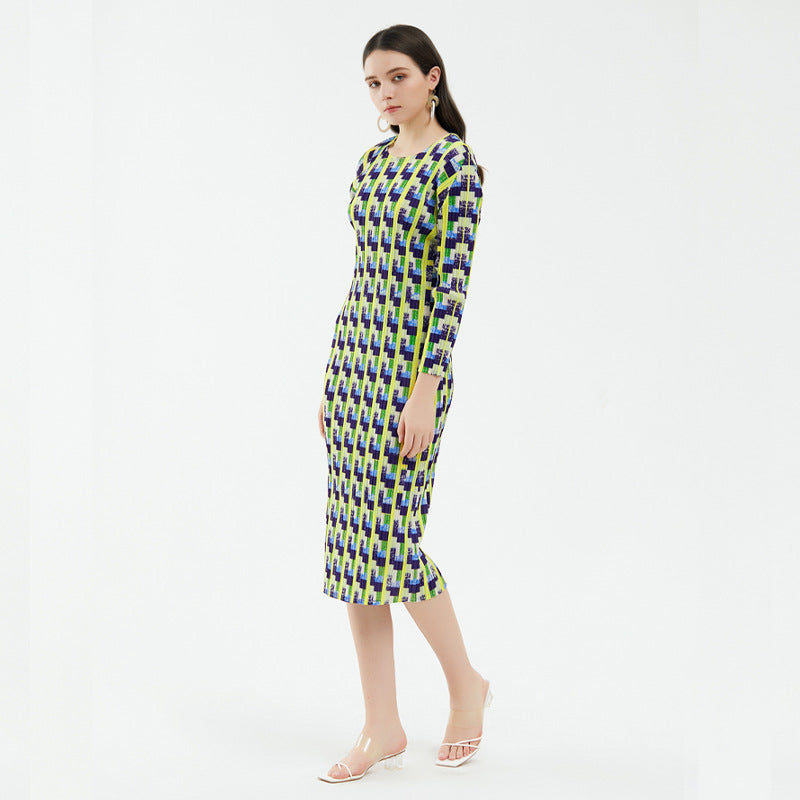 Pleated Houndstooth Dress – Long Sleeve Elegant Women’s Style