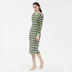 Pleated Houndstooth Dress – Long Sleeve Elegant Women’s Style