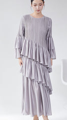 Pleats Please Flared Sleeve Cake Dress – Elegant Layered Pleated Midi for Spring & Summer