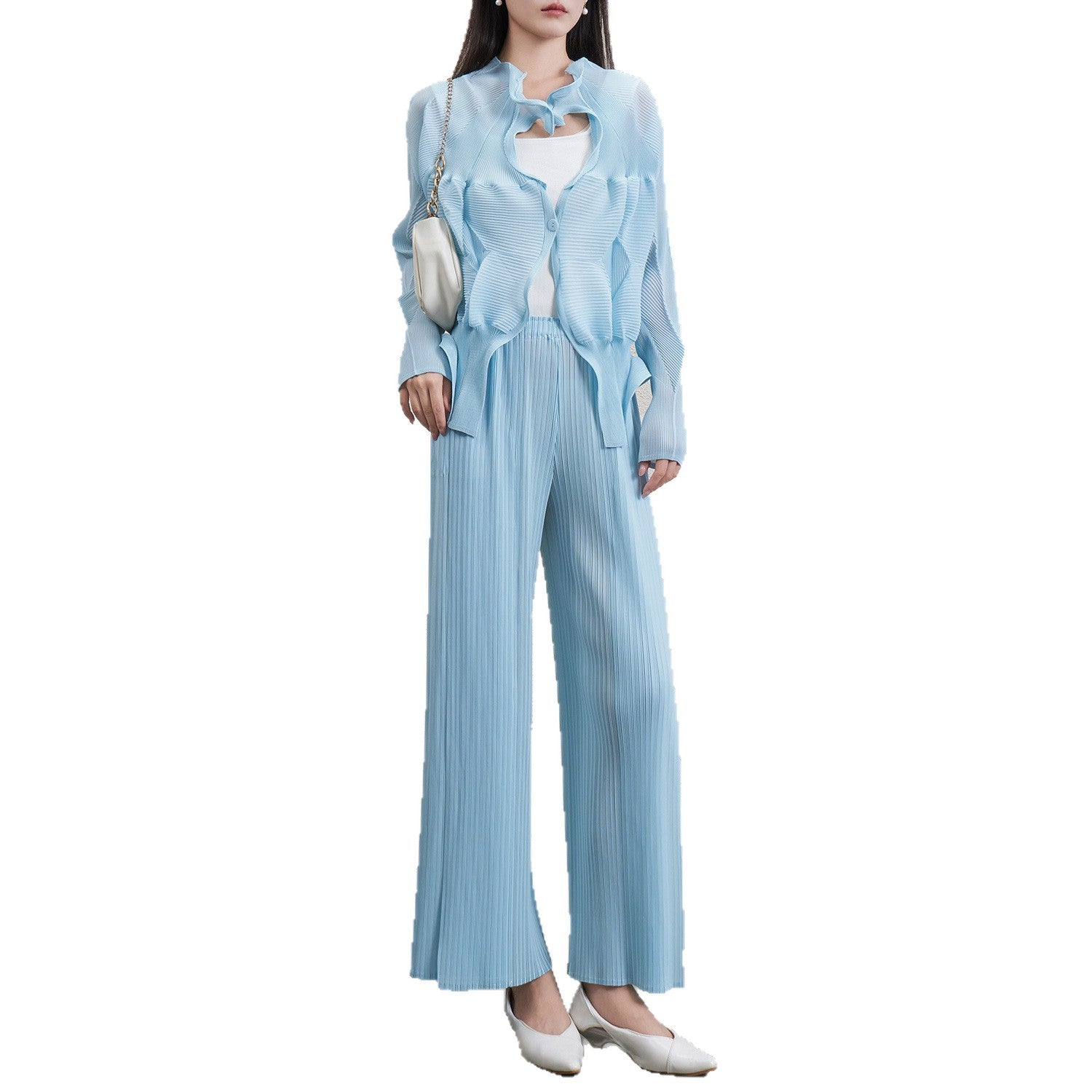 Pleated Floral Bud Cardigan and Wide-Leg Pants Set – Elegant Two-Piece Outfit