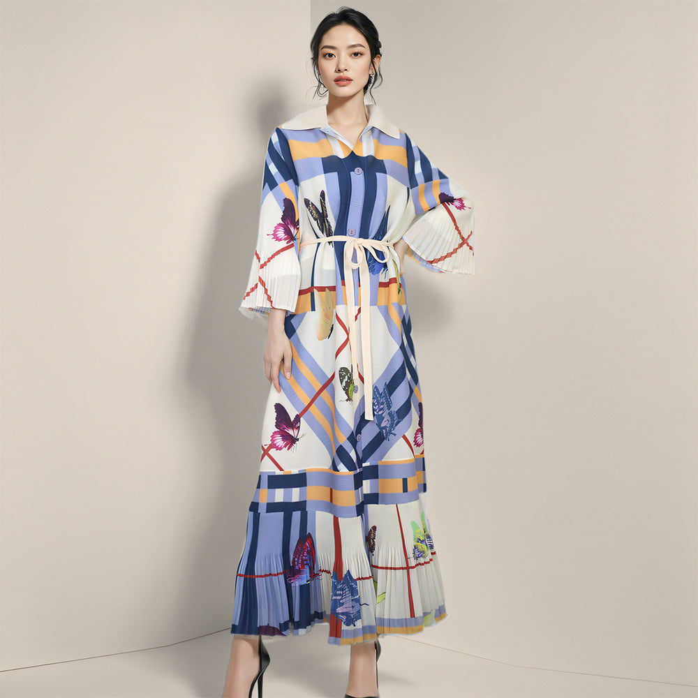 2025 Fall Winter Pleated Printed Shirt Dress – Lapel Collar, Ruffle Detail, Plus-Size Friendly