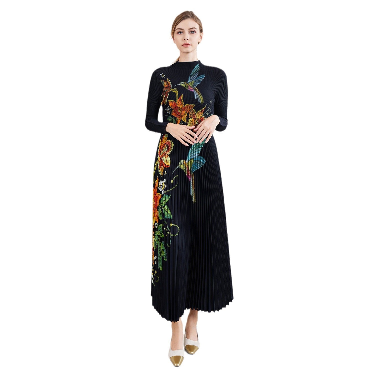 Pleated Print Chiffon Top and Skirt Set – Elegant Two-Piece Outfit