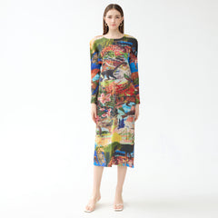 Miyake dress women's summer new pleated Jurassic print long sleeve crew neck A-line skirt long colored skirt