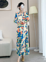 2025 Fall Winter Pleated Printed Dress – Slim Fit, Elegant High-End Style for Women