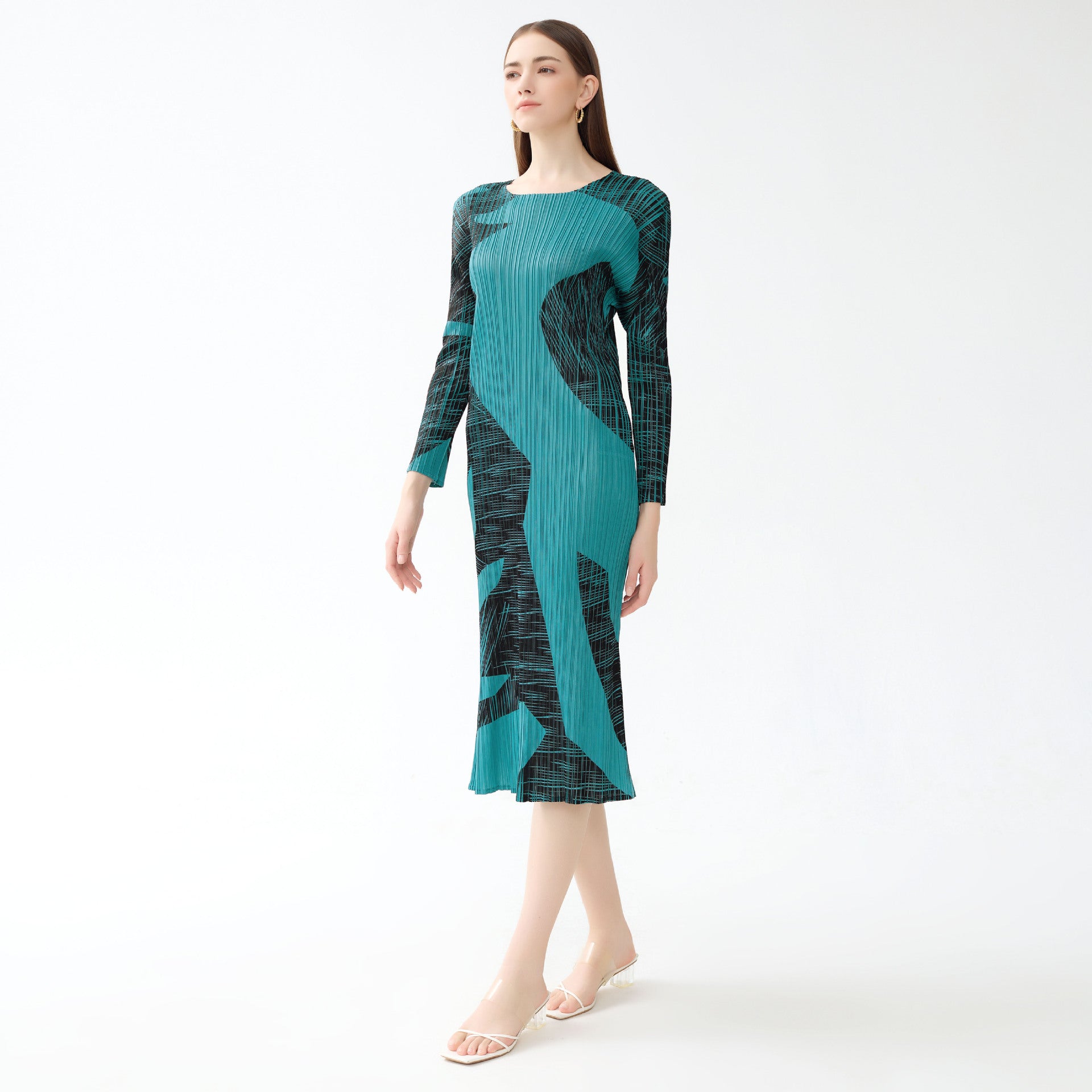 Pleated Gentle Print A-Line Dress – Slim Long Sleeve Elegant Style