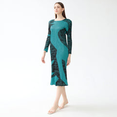 Pleated Gentle Print A-Line Dress – Slim Long Sleeve Elegant Style