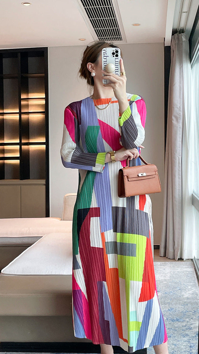2025 Pleated Autumn New High-End Geometric Print Crew Neck Slim Slim Dress Elegant Long Skirt