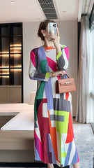 2025 Pleated Autumn New High-End Geometric Print Crew Neck Slim Slim Dress Elegant Long Skirt