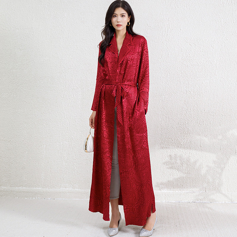Pleats Please Embroidered Long Jacket – Lace-Up Robe Cardigan, Plus-Size Friendly