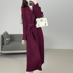 2025 Fall Winter Pleated Trench Coat – Lapel Mid-Length Coat with Adjustable Tie Waist for Women