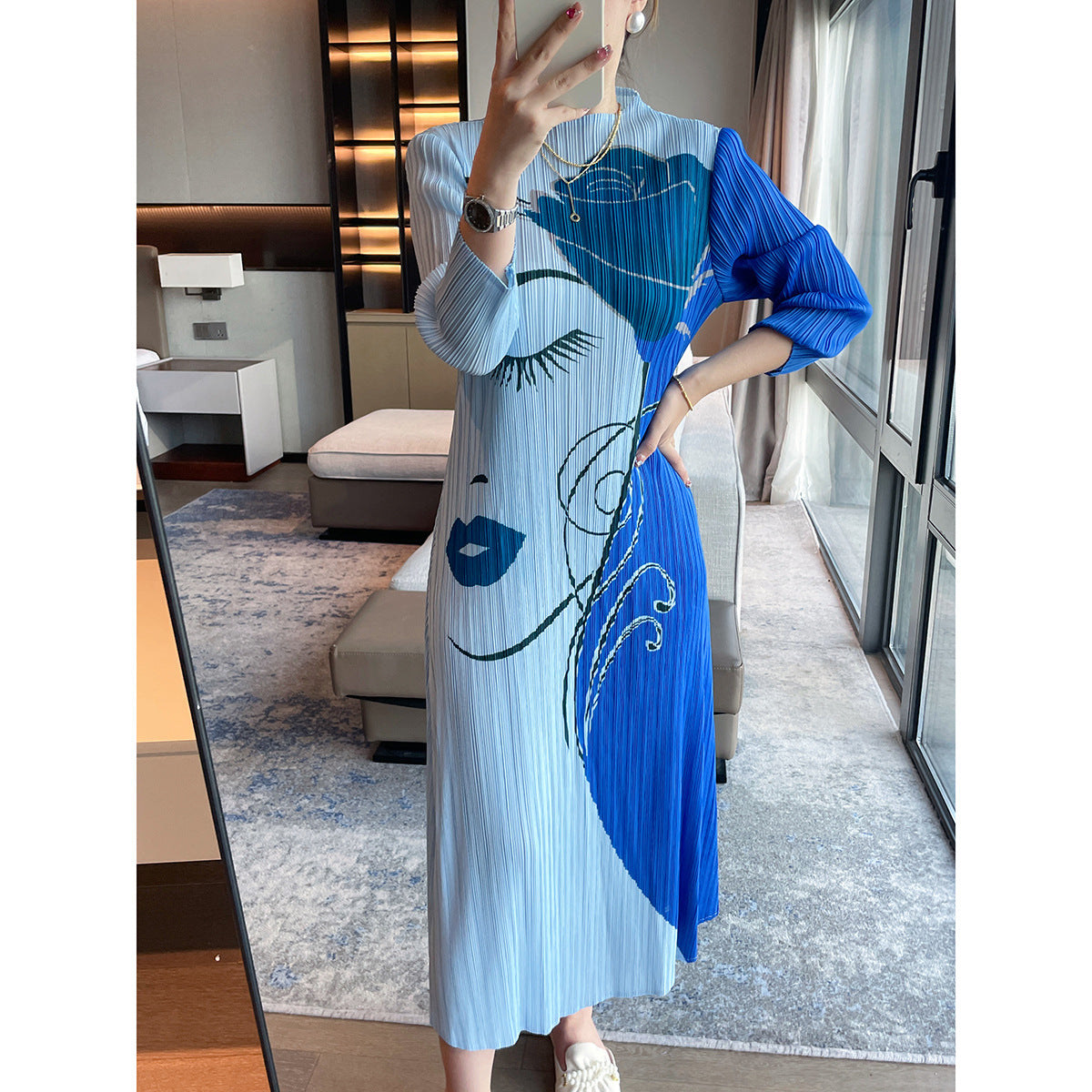 Women’s Pleated Midi Dress – French Print Elegant Slimming Style