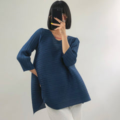 Pleats Please Irregular Pleated Top – Loose 3/4 Sleeve Crew Neck T-Shirt