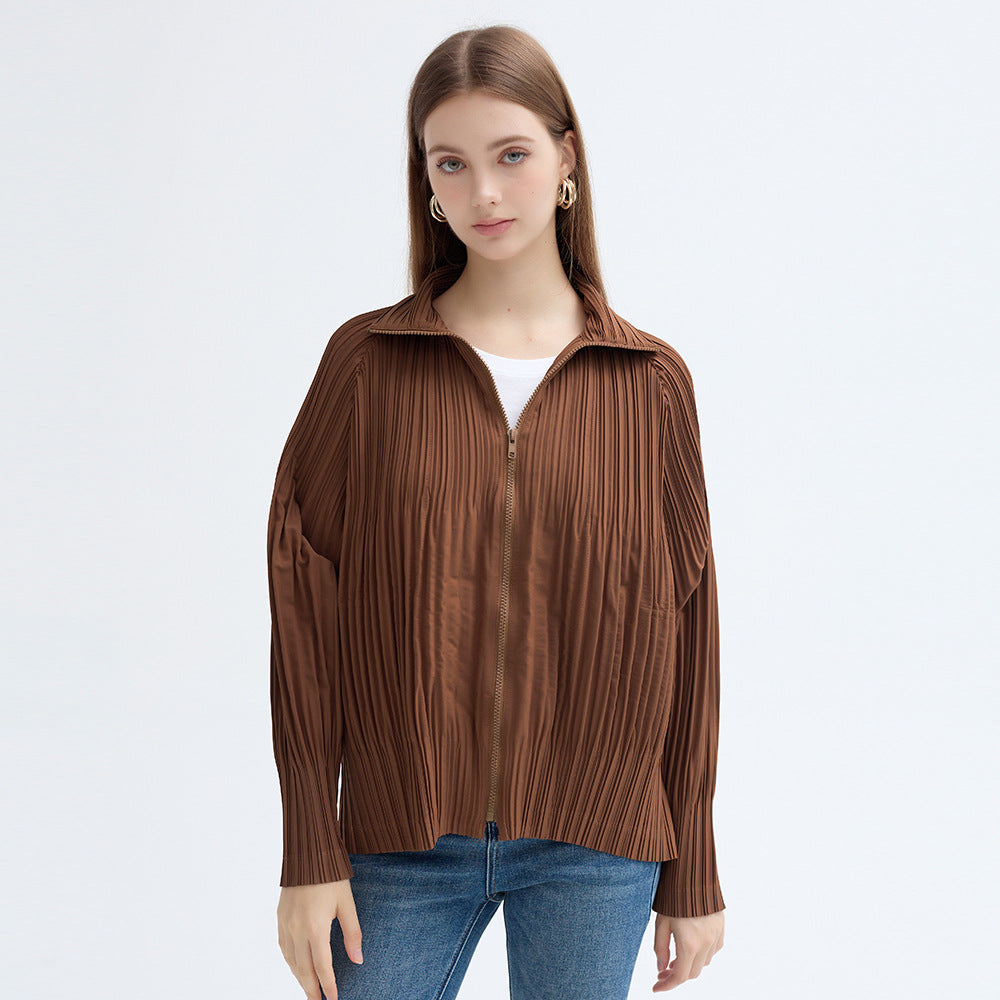Pleats Please Stand Collar Jacket – Pleated Zipper Trench Style