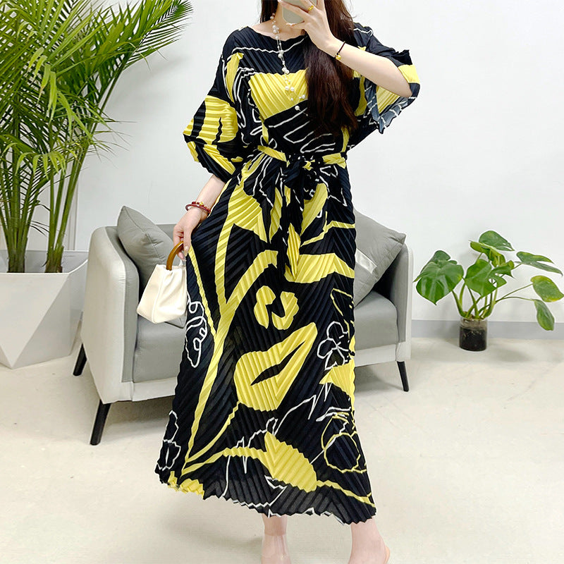 2025 Fall Winter Pleated Printed Maxi Dress – V-Fold Design, Elegant Casual Style for Women