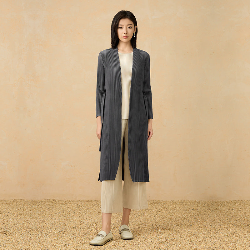 2025 Fall Pleated Long Trench Coat – Thick Fabric, Elegant Style, Lace-Up Mid-Length Jacket