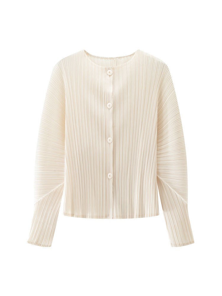 Women’s Spring Pleated Cardigan – Solid Color Round Neck Short Jacket