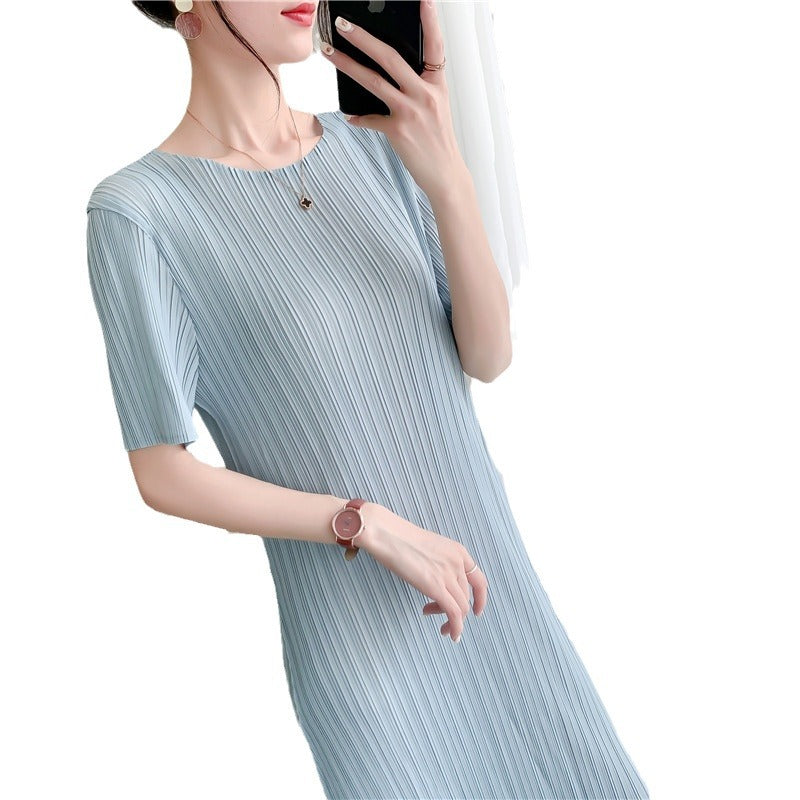 Summer Slim Pleated Midi Dress – Elegant Wrinkle-Free Style